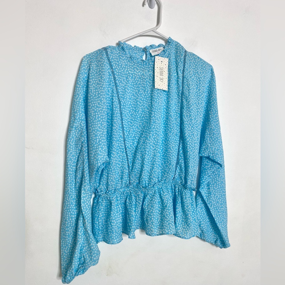 Sienna Sky Light Blue Patterned Long Sleeve Blouse W/ Keyhole